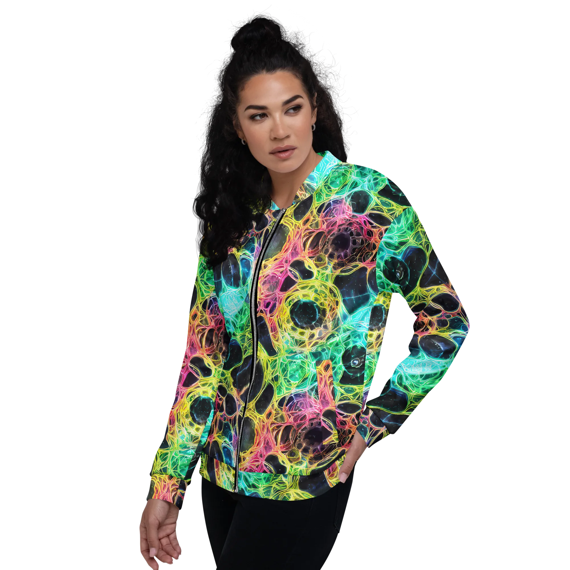 Neon Celestial Web on Bomber Jacket — Left