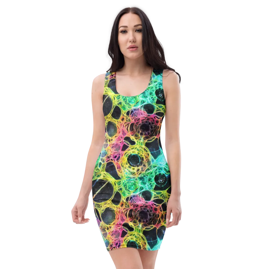 Neon Celestial Web on Bodycon Dress — Front