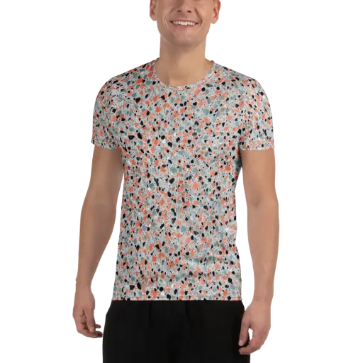 Coral Terrazzo on a Men's Athletic T-Shirt