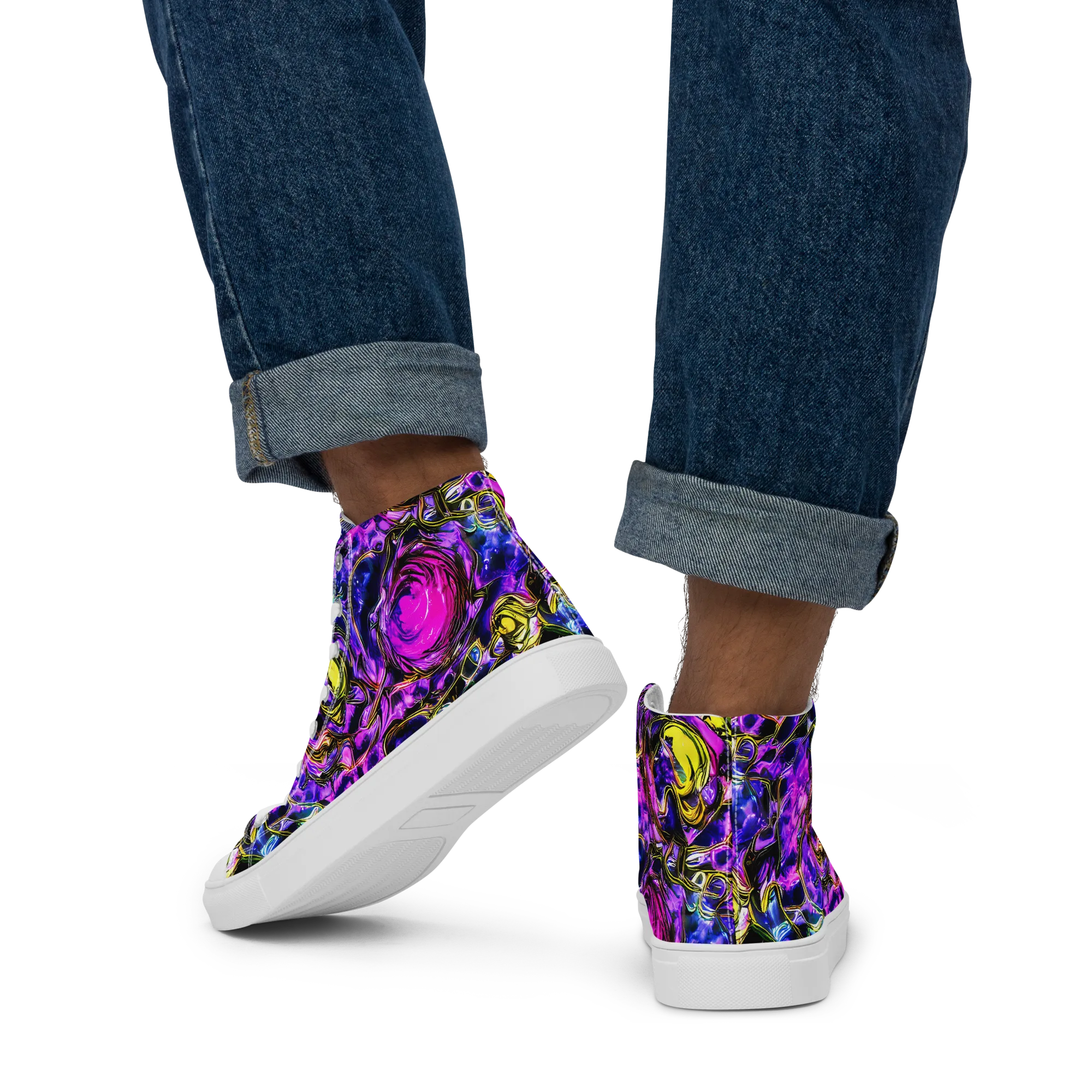 Midnight Fluorescence on Men's High Top Canvas Shoes — Back