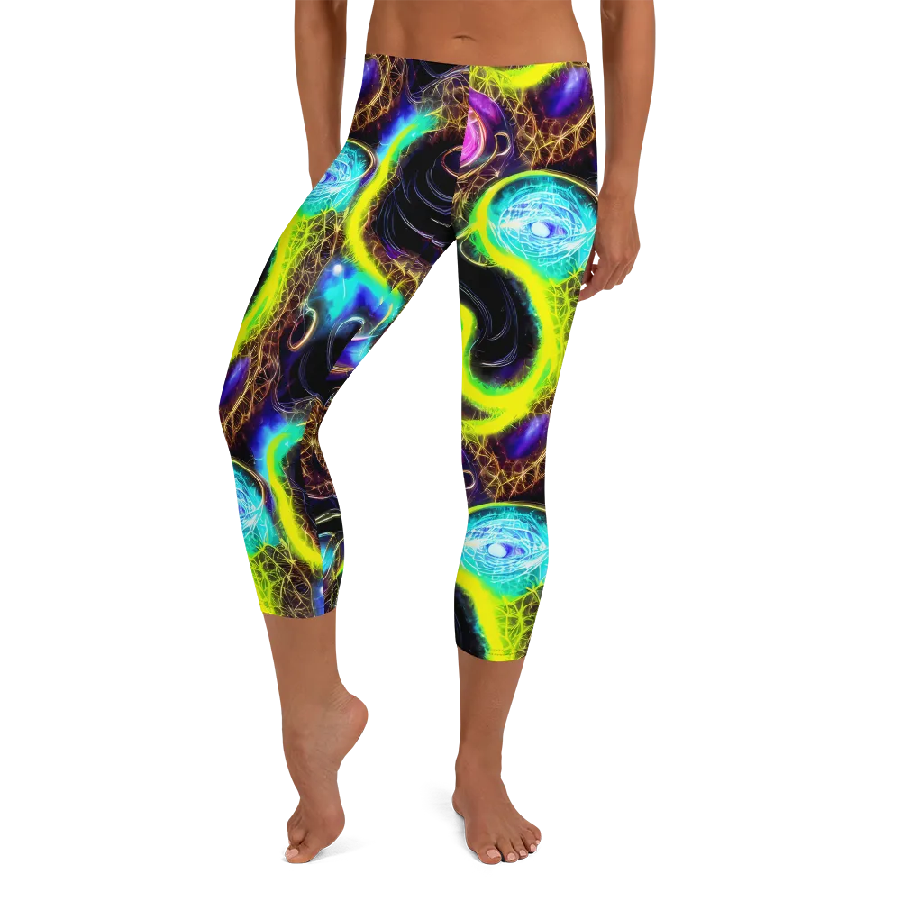 Blacklight Botanica on Capri Leggings — Front