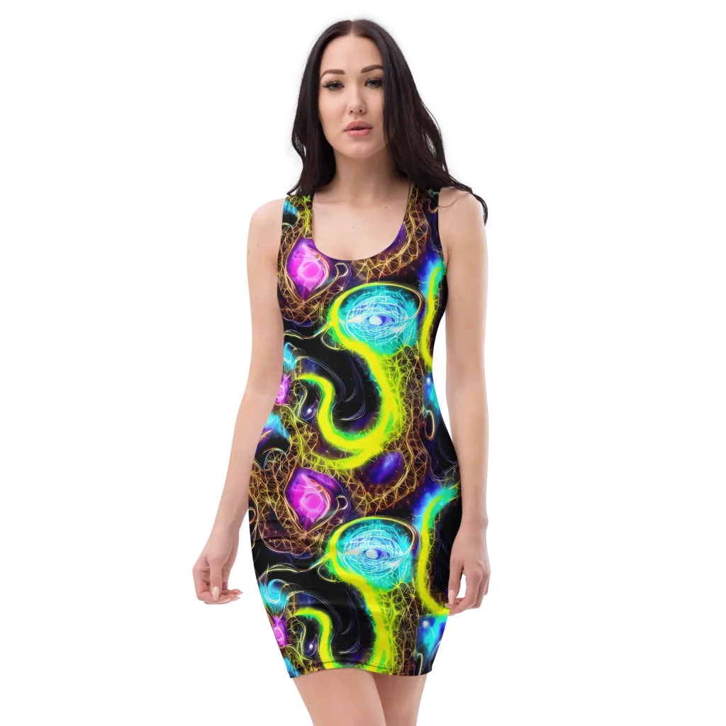 Blacklight Botanica on Bodycon Dress — Front